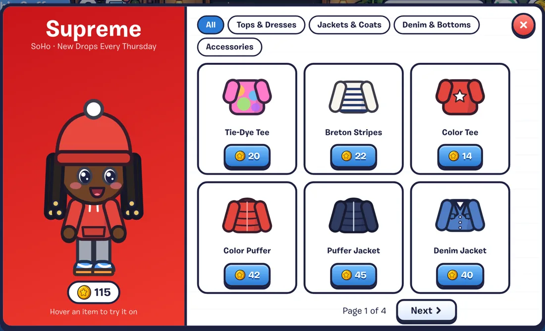 A shop catalog: items on the right with prices, and your New Yorker on the cover trying one on.