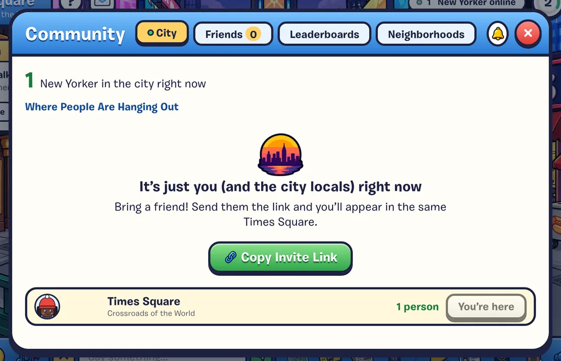 The Community panel's City tab: how many New Yorkers are in the city, friends out and about, and the busiest places right now.