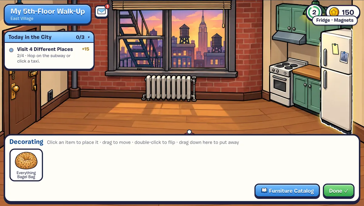 Decorating mode: furniture in a tray along the bottom of the screen, ready to drag into the apartment.