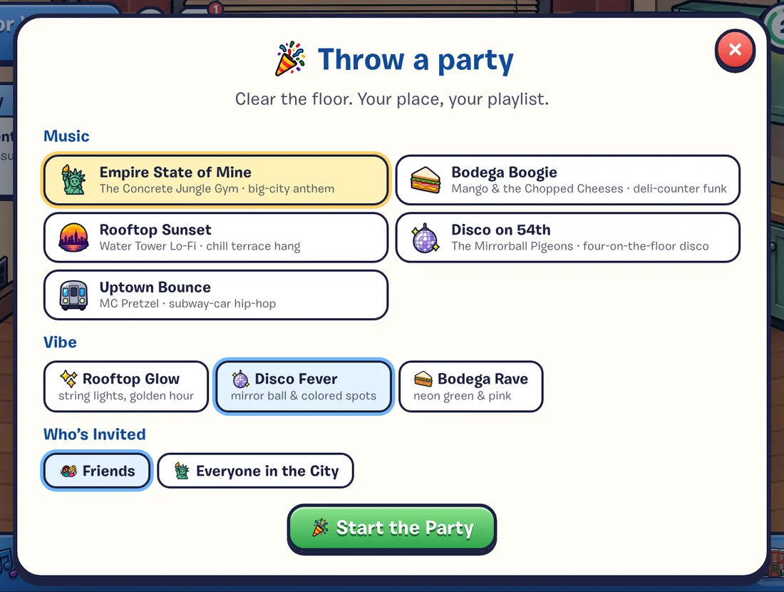 The party panel: music to pick, a vibe, who's invited, and a Start the Party button.