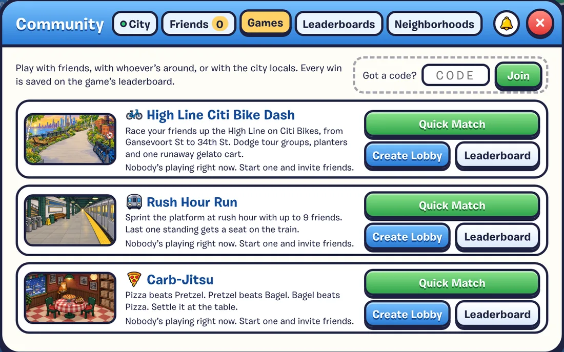 The Games tab in the Community panel: three game cards with Quick Match, Create Lobby and Leaderboard buttons, and a box for a friend's code.