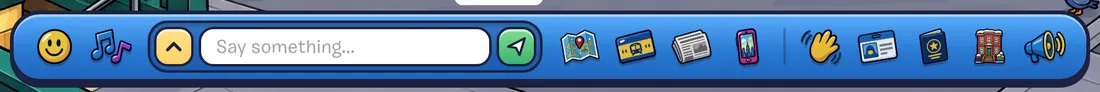 The toolbar along the bottom of the game screen: emotes, moves, the chat box, map, subway, newspaper, phone, friends, player card, stamp book, apartment and sound buttons.